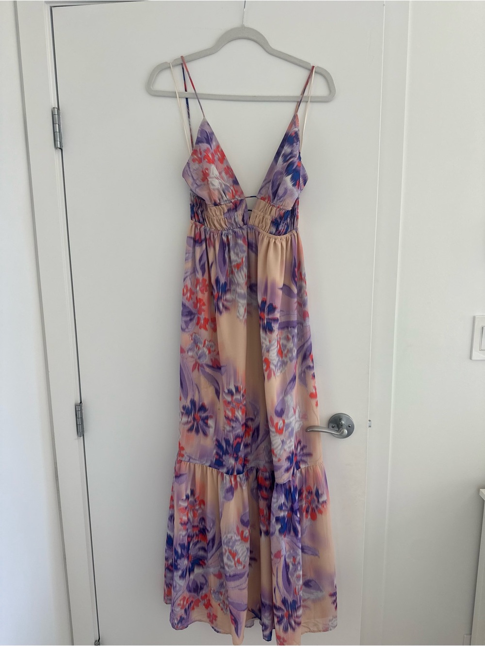 Dynamite Beige Maxi Dress with Lavender and Coral Floral Print